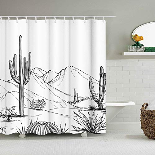Rnnjoile Cactus Shower Curtain Sketch Western Nature Landscape With Mountain And Desert Plant Bath Curtain Black And White Bathroom Decor With Hooks 72"×72" #TOP5