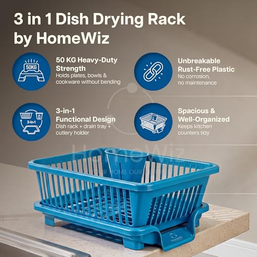 Image of HomeWiz Plastic Dish Drying Rack | Rust-Free Utensil Rack with Built-in Drainage | 50 KG + Weight Capacity | Kitchen Rack with Cutlery Holder | BPA-Free Food Grade Plastic | 43x30x20 cm | Blue