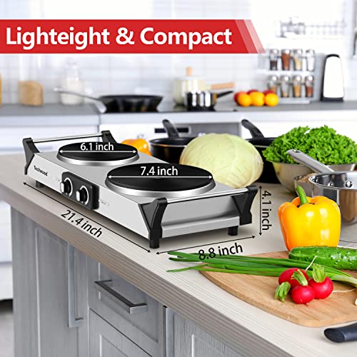 Hot Plate, Techwood 1800W Portable Electric Stove for Cooking Countertop Dual Burner with Adjustable Temperature & Stay Cool Handle, 7.5” Cooktop for Home/RV/Camp, Compatible for All Cookwares, Silver by Techwood - Image 5