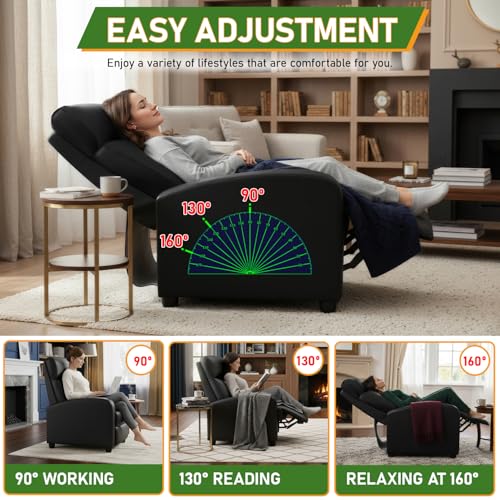 Image of PayLessHere Recliner Chair Single Reclining Sofa Home Theater Seating with Lumbar Support and Padded Backrest for Living Room and Bedroom (Leather, Black-Massage)