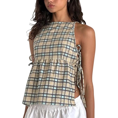 Women's Gingham Top Y2K Tie Side Cami Crop Top Sleeveless Plaid