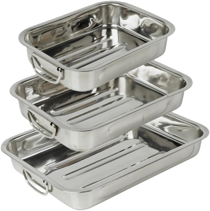 Stainless Steel Roasting Pan Set – 3 Stackable Sizes with Ridged Base & Handles – Oven & Dishwasher Safe – Ideal for Meats, Veg, Roasts, Casseroles & More