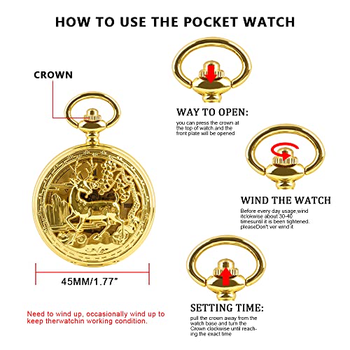 Whodoit Double Open Mechanical Pocket Watch Golden Deer Skeleton Case, Roman Numerals Mechanical Pocket Watch For Men #TOP6