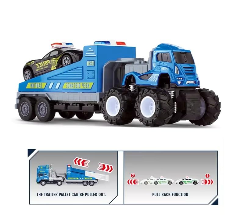 Image of SHIPEASE Friction Powered Police Car Transport Toys for Kids Boys Girls 1:43 Rescue Trailer Truck with Die Cast Model Cars Carrier Truck Toys Miniature Pull Back Vehicles (Multicolor)