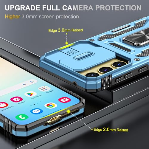 Image of Polycarbonate Slide Camera Cover with Ring Holder Mobile Phone Back Cover for Samsung Galaxy A55 5G (Blue)