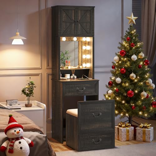Compact Vanity with Hidden Chair, Makeup Vanity Desk with Mirror