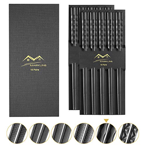 Reusable Chopsticks Fiberglass Alloy Markline - Dishwasher Safe Chopstick 10 Pairs Set Palitos Chinos Long Chop Sticks Japanese Style Easy Grip Sushi Noodles Ramen No Slip 9.5 Inches Black No Lacquer
