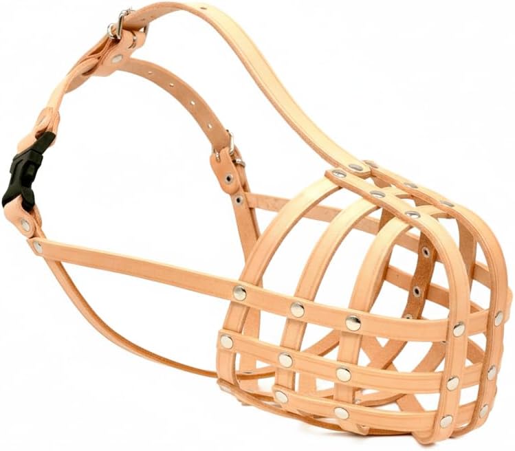 Genuine Leather Lightweight Dog Muzzle for Dogue De Bordeux and Bullmastif, fits Other Similar Sized Dog Breeds (DB3, Natural)