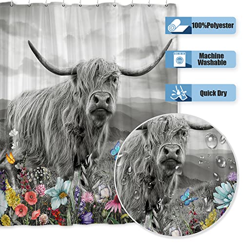 Onecmore Farmhouse Highland Cow Shower Curtain Western Funny Cute Cow Bull Farm Animal Country Teal Floral Flower Butterfly For Home Bathroom Decor Fabric Polyester Bathtub With Hooks Durable 72"X72" #TOP2