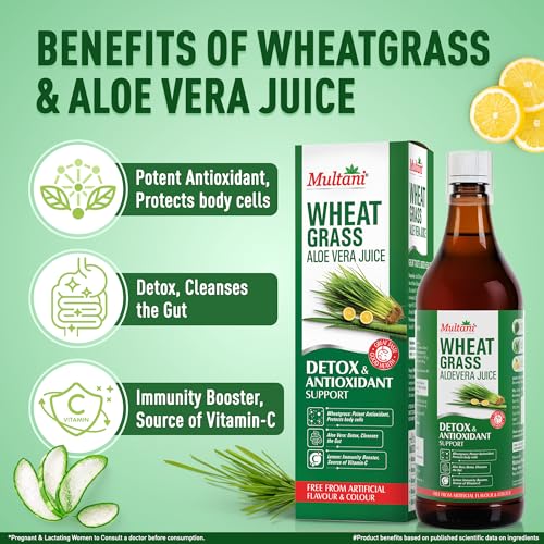 Image of Multani Wheatgrass Aloe Vera Juice 1L | Natural Detox & Gut Cleanse Drink with Wheatgrass, Aloe Vera & Lemon | Rich in Antioxidants & Vitamin C | Immunity Support | No Artificial Colour or Flavour