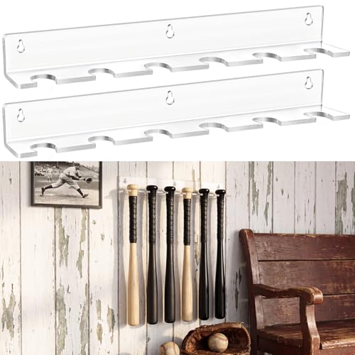 Threehoney 2 Pcs Baseball Bat Holder Wall Mount with Mounting Screws Acrylic Bat Display Rack Holds 12 Bats Vertical Hanging Storage Organizer Stand