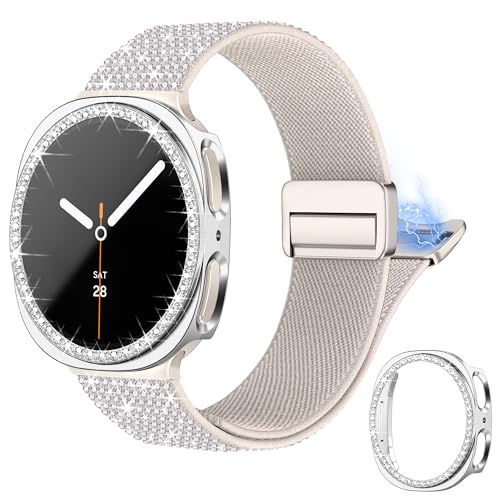 wipalor Bling Nylon Band with Case for Samsung Galaxy Watch 8 Band 40mm with Bling Protective Cover Case for Women, Sport Magnetic Dressy Samsung Galaxy Watch 8 Bands 40mm for Women-Starlight