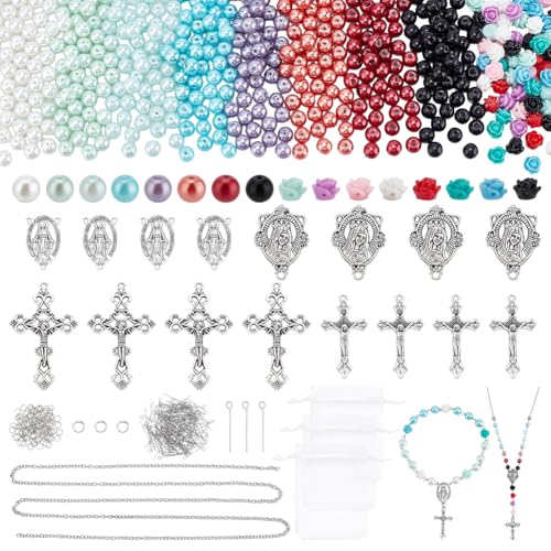 PH PandaHall 767pcs Rosary Jewelry Making Kit Prayer Necklace Supplies 8mm Round Pearl Beads Cross Charms Pendants Flower Rose Beads for Rosary Bracelet Necklace Earring Easter Ramadan Jewelry Making
