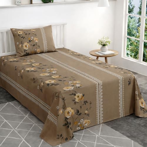 Image of VOMZER Single Size (60x90) 300 TC Soft Cotton Feel Microfiber Flat Single Bedsheet with 1 Pillow Cover | Beige Lily