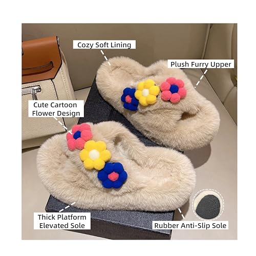 Women's Cute Flower Plush Slippers - Cross - Strap Design - Soft Sole & Cozy Lining - Indoor Outdoor Casual Shoes4