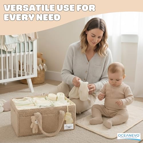 Image of OCEANEVO Fur Diaper Caddy Organizer Bag | WITH Diaper Changing Mat, Bag Charm and Luggage Tag | New Born Baby Essentials | For Mothers for Travel - 38 x 25 x 18 cm - Beige - 1 Year Warranty
