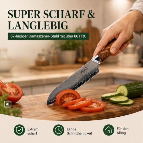 Foto von pasoli Damast Santoku-Messer 13 cm – japanisches messer & damastmesser