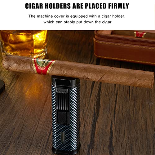 Bestcatgift Carbon Fibre Texture Triple Jet Flame Torch Cigar Lighter With Cigar Punch | Cigar Holder | Gas Window | Refillable Butane #TOP6