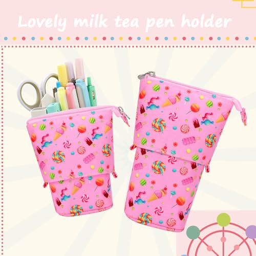 Image of KPX Cute Standing Pencil Case Pen Holder for Kids, Pop Up Stand UP Bubble Tea Pen Organizer Kawaii Stationary for Christmas Holiday New Year Office (Candy)