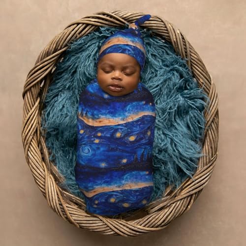 Image of Starry Sky Watercolor Starry Newborn Swaddle Blankets Hat Sets Soft Baby Receiving Blanket Swaddle Sack for Baby Shower Infant Boy Girl Gift