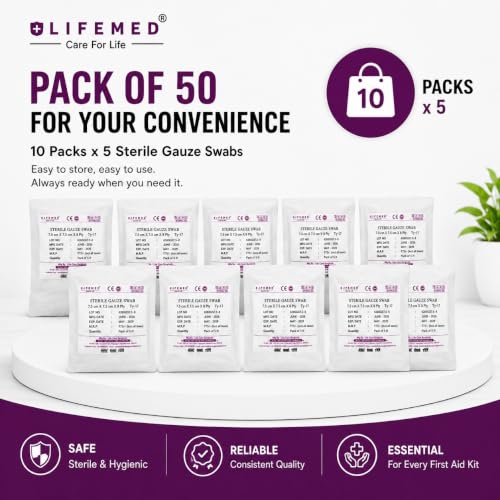 Image of LifeMed Sterile Gauze Swabs 7.5 x 7.5 cm, 8 Ply Type 17, 5 Swabs /Pack, Pack of 10 (50 Dressings)