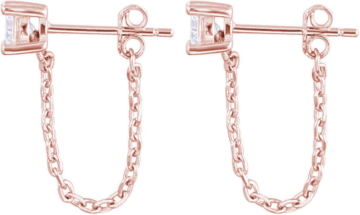Reffeer 925 Sterling Silver CZ Chain Studs Earrings Dangle for Women Teens CZ Chain Drop Earrings Studs