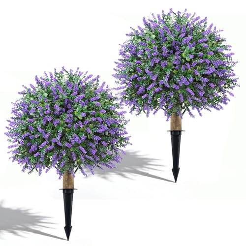 24 Artificial Lavender Boxwood Topiary Ball Trees 2 Pack UV Resistant Fake Bushes Plants for Outdoor Faux Shrub with Ground Spike for Indoor Front Porch Garden