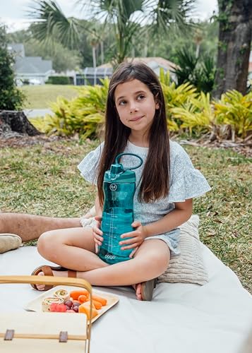 Image of Pogo 64oz Plastic Water Bottle with Leak-Proof Chug Lid and Carry Handle, Reusable, BPA Free, Capacity Markings, Dishwasher Safe, Perfect for Travel, School, Outdoors, and Gym, Teal