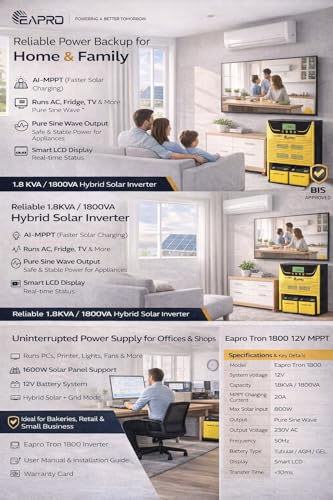 Image of EAPRO Tron 1800 12V AI-MPPT Solar PCU Inverter, Pure Sine Wave, 1800VA, Single Battery, for Home & Office