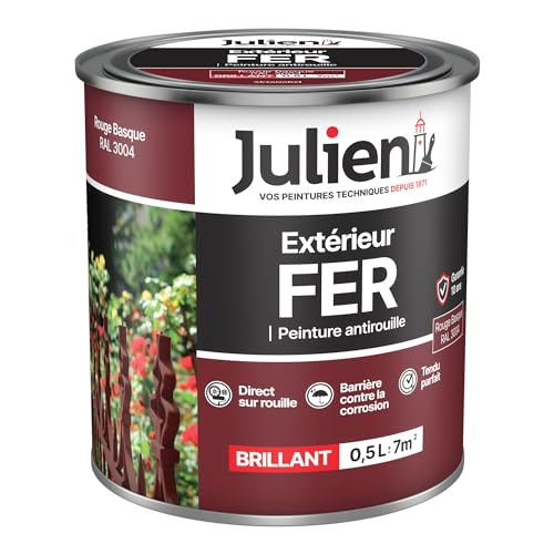 Julien Peinture Fer Anti-Rouille Brillant - Portes, grilles, portails, mobilier de jardin en métal - Rouge Basque 0,5 L