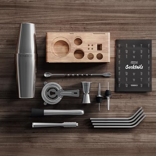 Cocktail Shaker Set Boston mit Ständer & Rezeptbuch: Premium Edelstahl Bar Cocktailset Cocktailshaker Messbecher Strohhalme Barlöffel Stößel | Barkeeper Barset Cocktail-Zubehör Geschenk Frauen Männer