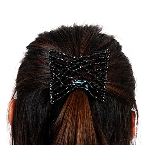 3 Pieces Elastic Magic Hair Comb Clips Stretchy Double Comb Hair Forks For Women Girls Vintage Hairstyle Multipurpose Hair Accessories (Beads Style-Blue Brown Black) #TOP1