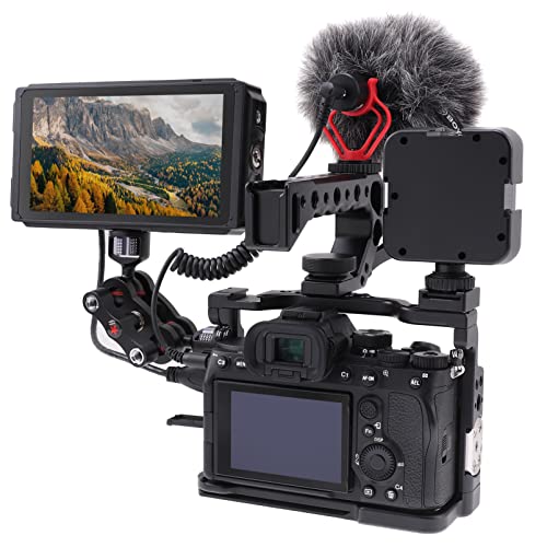Image of Camera Cage for Sony A7 IV A7S III DSLR Camera with Quick Release 1 /4 inches 3 /8 inches Screw and Cold Shoe Expansion Microphone Monitor Fill Light, Black