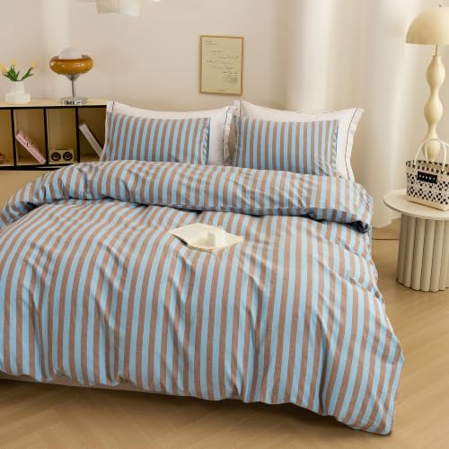 Image of Retro Blue Brown Striped Duvet Cover Set, Soft & Comfortable Durable King