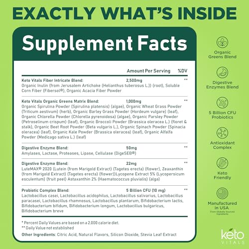 Image of Keto Vitals Greens Powder Plus Electrolytes - Daily Super Greens Powder with Superfoods - Green Drink with Sugar Free Electrolytes for Hydration, Gut Health & Digestion, Watermelon Candy - 30 Servings