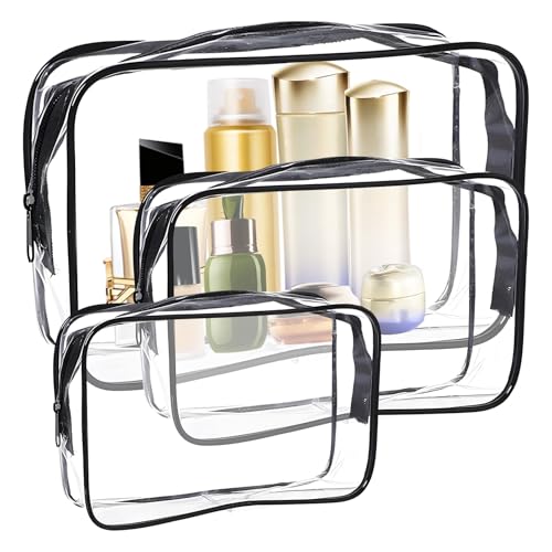 Kulturbeutel transparent 3 Stück, wasserdichte Kosmetiktasche Praktische Toilettentaschen für Handgepäck, Badezimmer-Organizer(Große Mittelgröße Kleine) (schwarz)