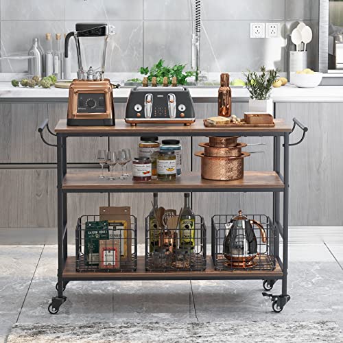 soges 3-Tiers Kitchen Island on Wheels, 45.3 inch Bar Cart with 3 Removable Baskets, Kitchen Serving Cart with Brake Casters, Rolling Utility Cart with Handle, Open Storage Shelves and Towel Rack - Thumbnail 3