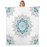 Hippie Mandala Sherpa Blanket - Boho Floral Throw for Girls & Boys, Indian Medallion Fleece Blanket, Chic Aesthetic Plush, White & Teal
