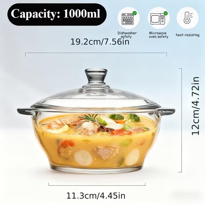 Image of Glass Casserole Dish with Lid, 1000ml, Clear, Heat-Resistant, Microwave and Dishwasher Safe, for Soups and Stews - 1 pcs