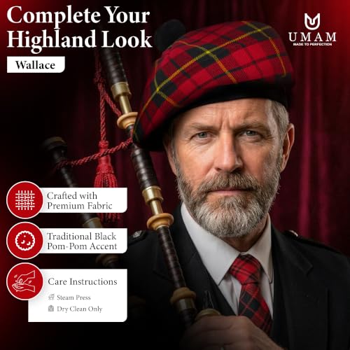 Image of Scottish Tam O' Shanter Hat Tartan Bonnet Pom Pom Wool Flat Cap One Size