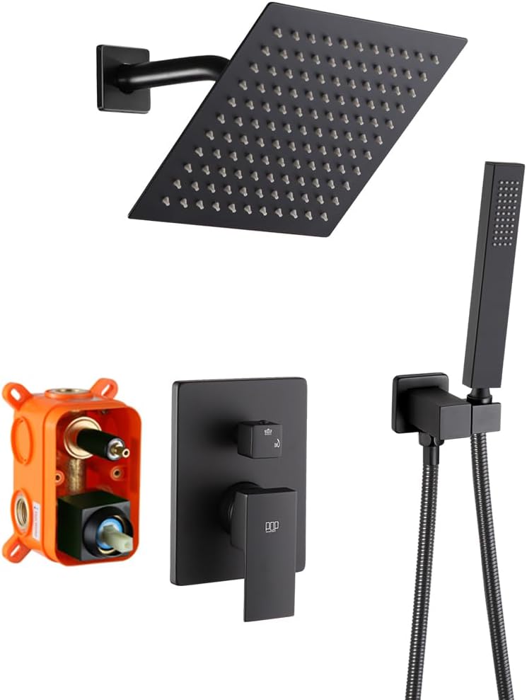 POP SANITARYWARE Black Shower System Bathroom Rainfall Shower Faucet Set Complete Wall Mounted 8 Inch Shower Head and Handle Set with Rough-in Valve Body and Trim Kit