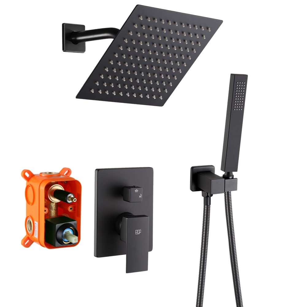 POP SANITARYWARE Black Shower System Bathroom Rainfall Shower Faucet Set Complete Wall Mounted 8 Inch Shower Head and Handle Set with Rough-in Valve Body and Trim Kit