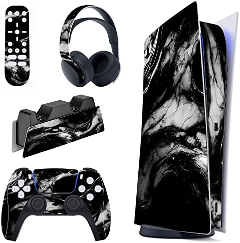 playvital Black Watercolor Marble Full Set Skin Decal for ps5 Console Digital Edition, Sticker Vinyl Decal Cover for ps5 Controller & Charging Station & Headset & Media Remote