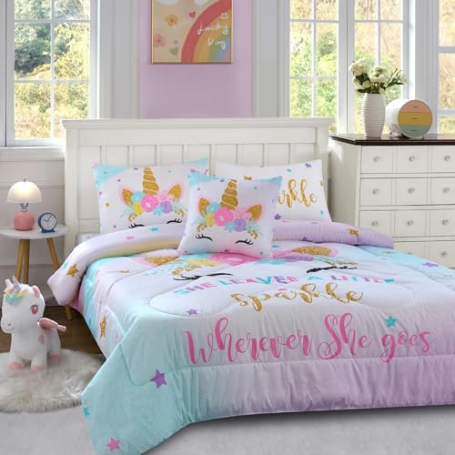 Cokouchyi Full Size Comforter Set for Girls, 6-Piece Bed in a Bag, 3D Colorful Unicorn Bedding Comforter Sheet Set, Ultra Soft and Fluffy, Pink & Rainbow Color by Cokouchyi - Used condition - Image 2