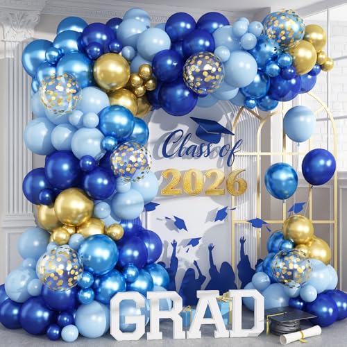 Image of Graduation Balloon Arch Kit Blue and Gold Balloon Garland Royal Pastel Light Blue Metallic Gold Confetti Balloons for Grad Class of 2026 Boss Retirement Prom Birthday Baby Shower Party Decorations