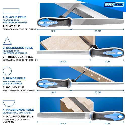 EffektWerk - Feilenset - 21-tlg - 4 Große Feilen (Rund, Halbrund, Dreieckig und Flach) - Drahtbürste, Raspel, Aufbewahrungstasche und 14 Nadelfeilen