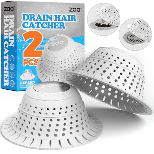 Image of zaa Bathtub Drain Hair Catcher, Premium Silicone Collapsible 2 Pack Drain Protector for Pop-Up and Regular Drains of Shower, Bathtub, Tub, Bathroom, Sink, White