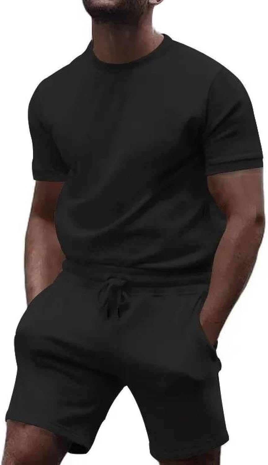 Men's Summer Solid Color Cotton T-Shirt And Shorts Set Crew Neck Casual Loose Fit Outfit