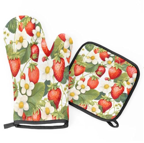 Watercolor Strawberry Flowers Oven Mitts Kitchen Oven Gloves for Cooking Baking Heat Proof Lining Cotton Kitchen Potholder Mittens Pot Holders Hot Pads for Chef Women Men