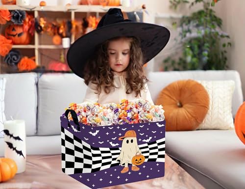 Image of Large Halloween Themed Candy Gift Boo Basket for Kids Baby Personalized Adults Storage Bin Fall Decor(Baseball Hat Grid Spooky)